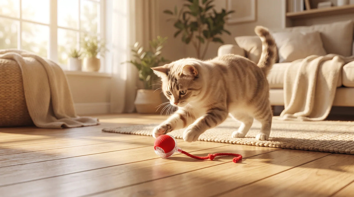 A high-energy cat mid-pounce on a wand toy during an evening play session at home