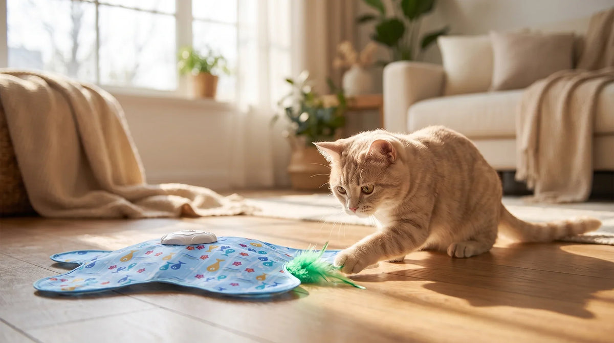 A cat pouncing on a feather wand toy during a hunting-style play session at home