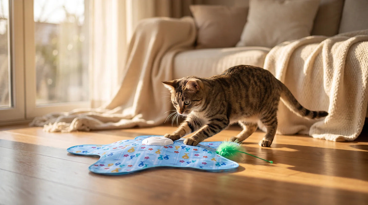 A high-energy cat pouncing on an automatic teaser ball during a play session.