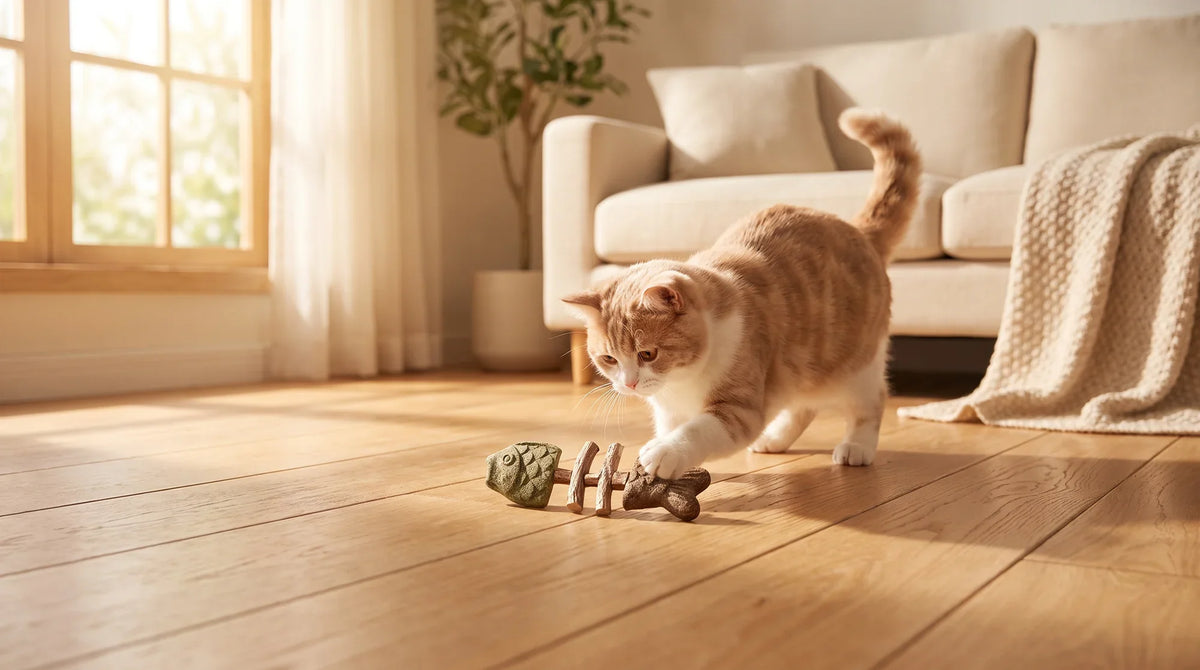 A cat rubbing its cheek against a dried silvervine stick toy on a wooden floor