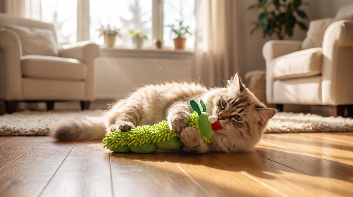 A cat lying on its side, hugging a plush cat kicker toy with both front paws while kicking it with its hind legs