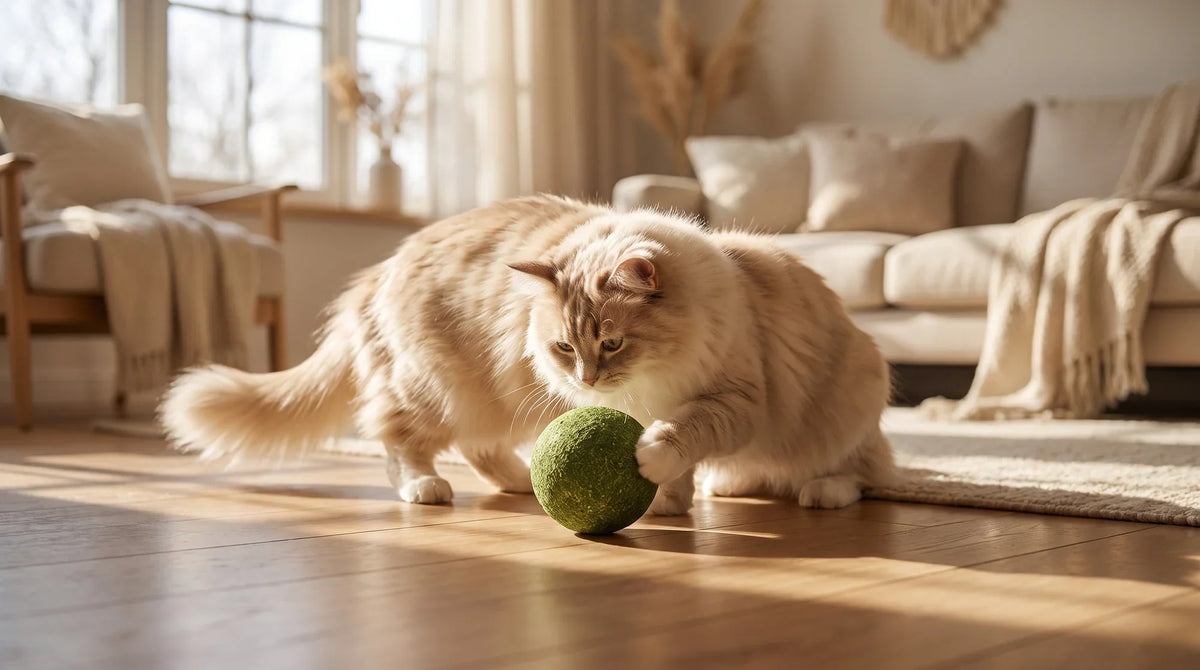 A cat batting at a natural cat enrichment toy on a living room rug