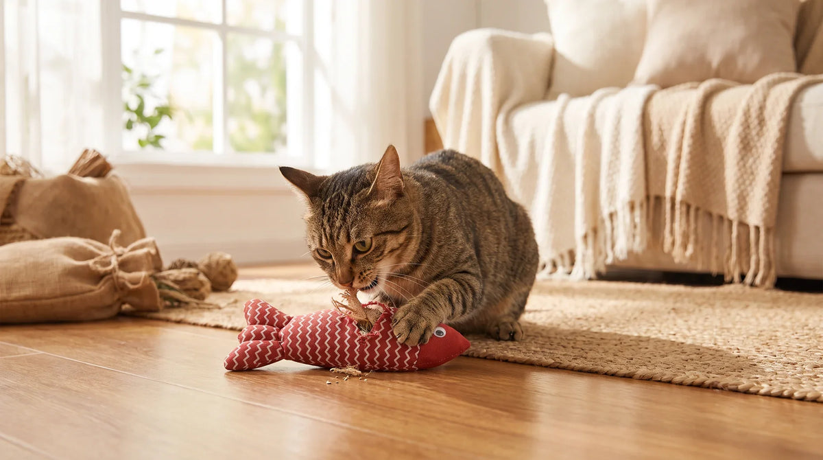 A cat rubbing its cheek against a silvervine stick beside jute and burlap cat toys on a light wooden floor