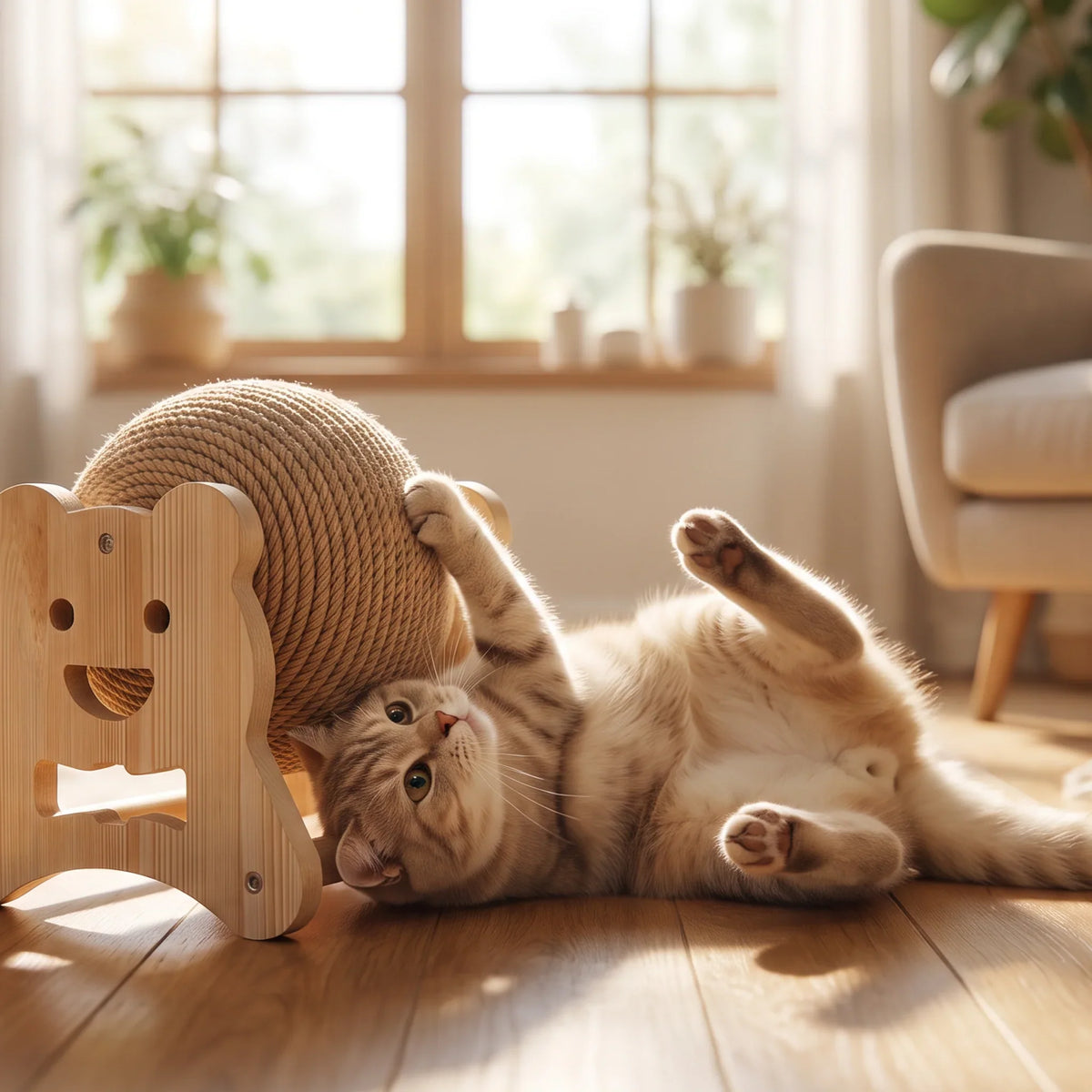 A cat lying on a rug gripping a plush kicker toy with her front paws while her back legs push against it