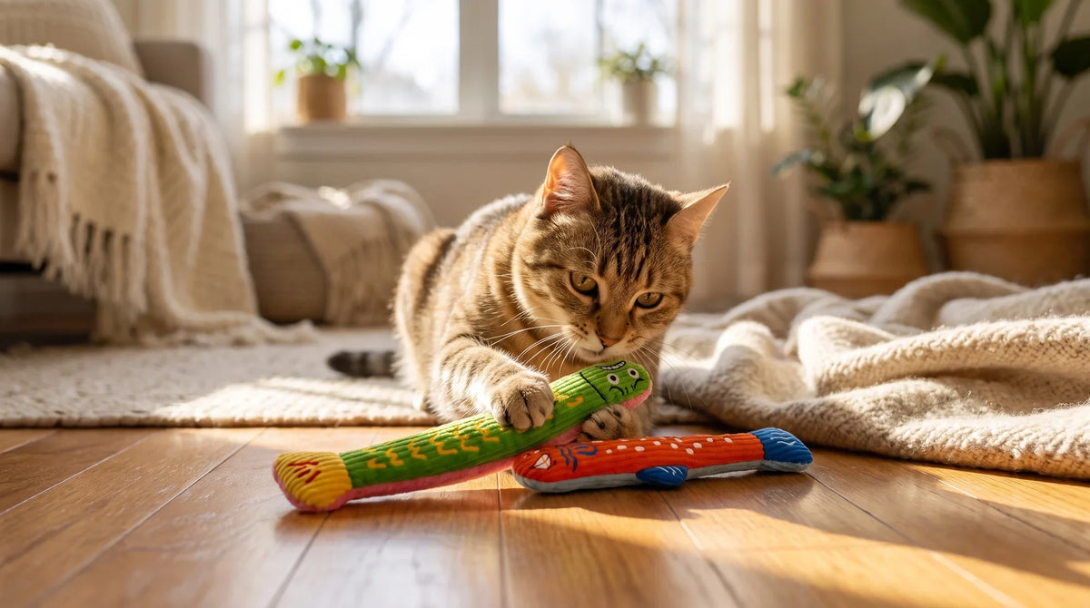 Cat batting at a natural fabric catnip kicker toy on a living room floor