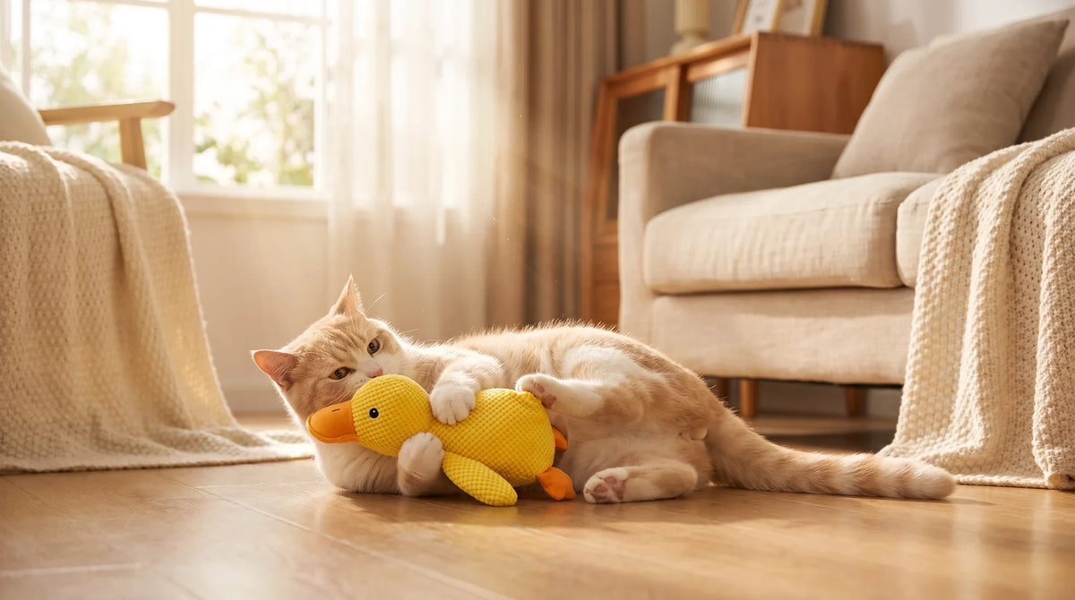 A cat lying on her back holding a plush toy with her front paws while kicking it with her hind legs