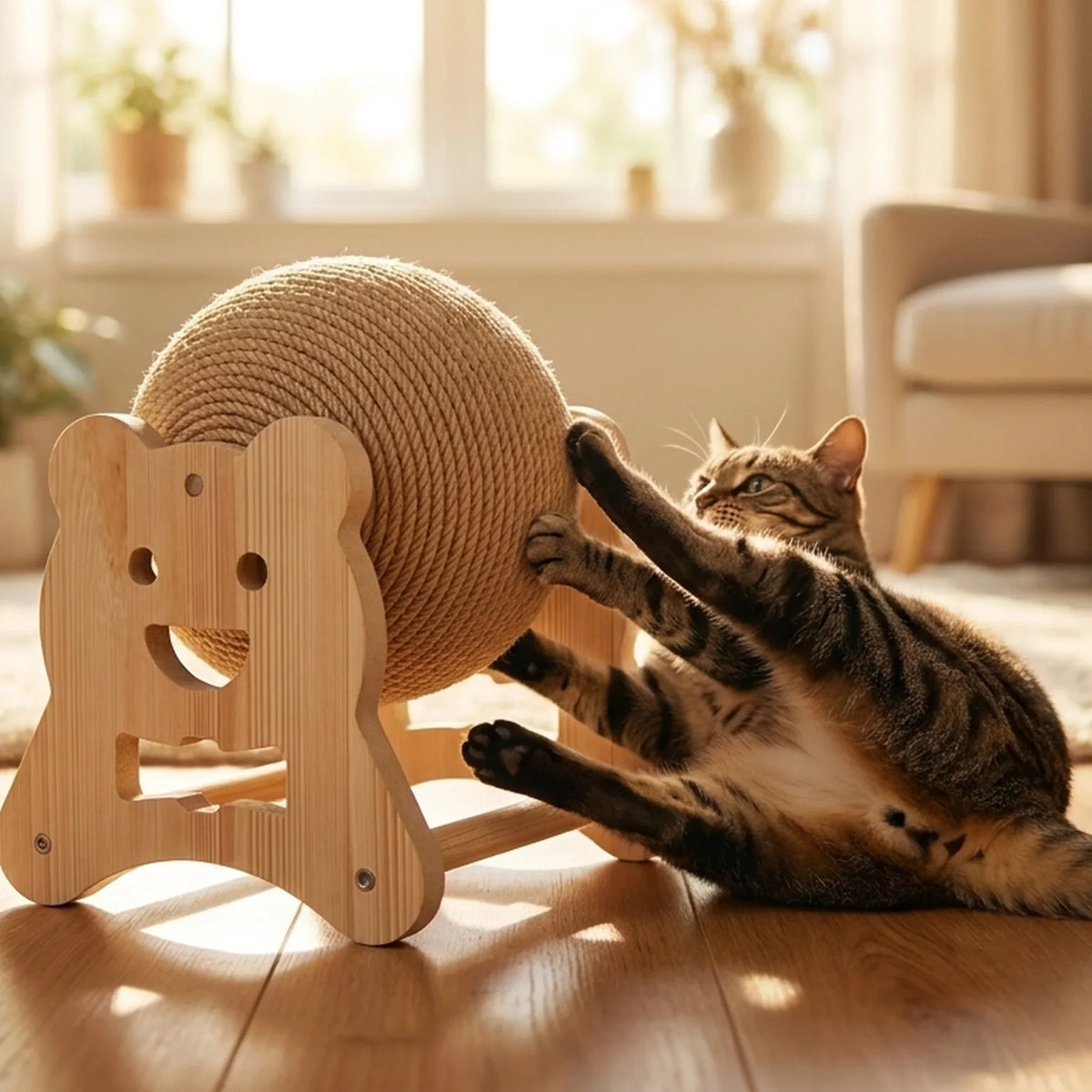 A cat lying on her side, gripping a plush toy with her front paws while kicking it with her back legs