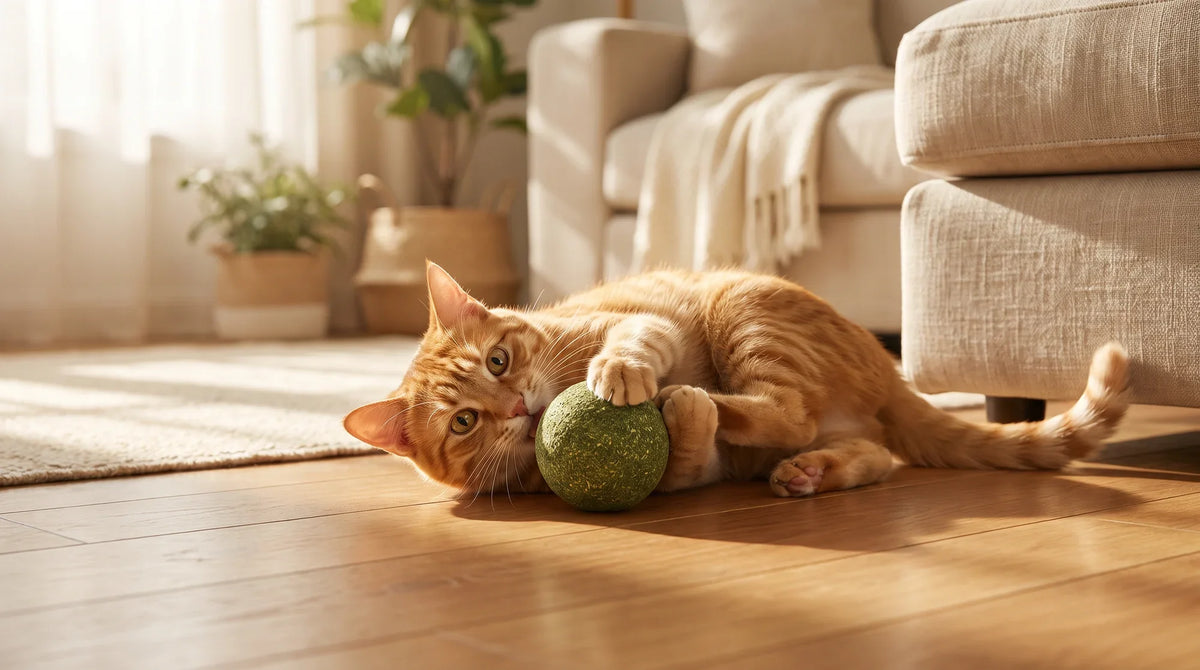 A cat rubbing its face and rolling on a catnip-filled plush toy on a living room floor