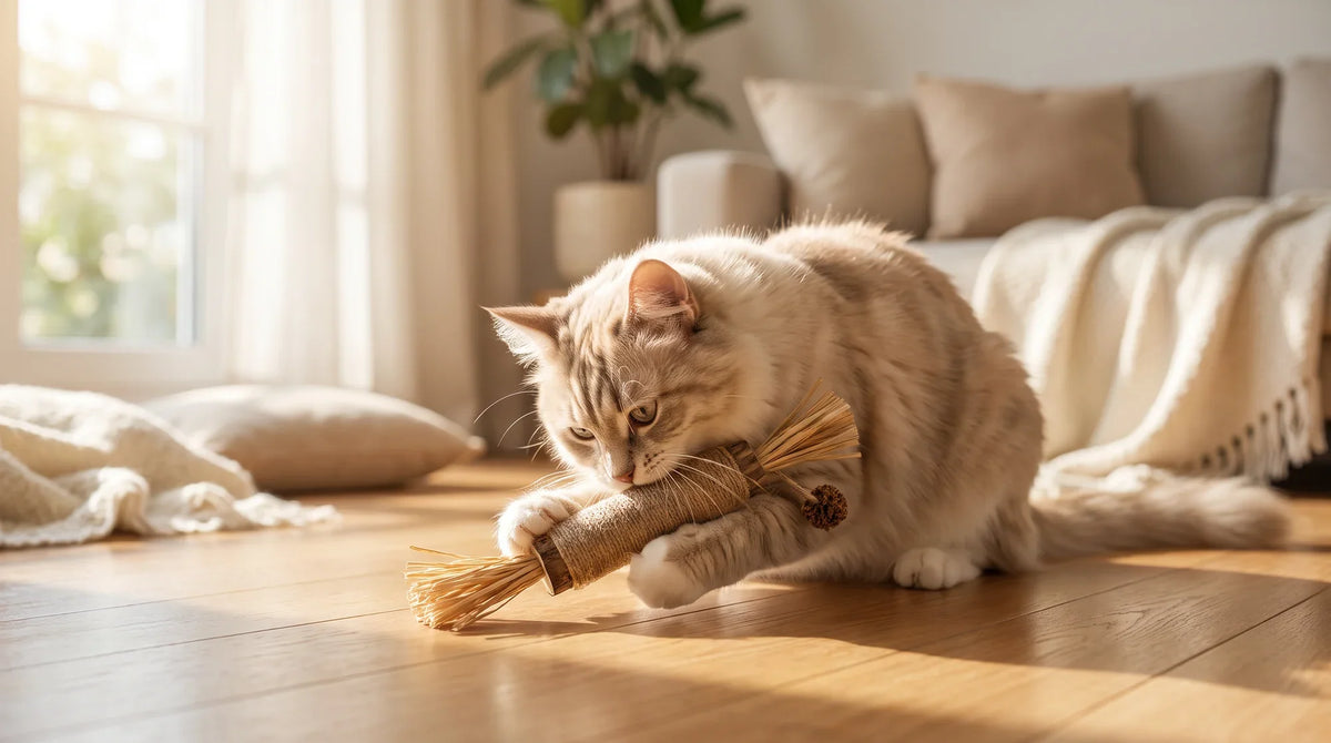 Cat chewing a silvervine stick beside a small pile of catnip toys on a rug