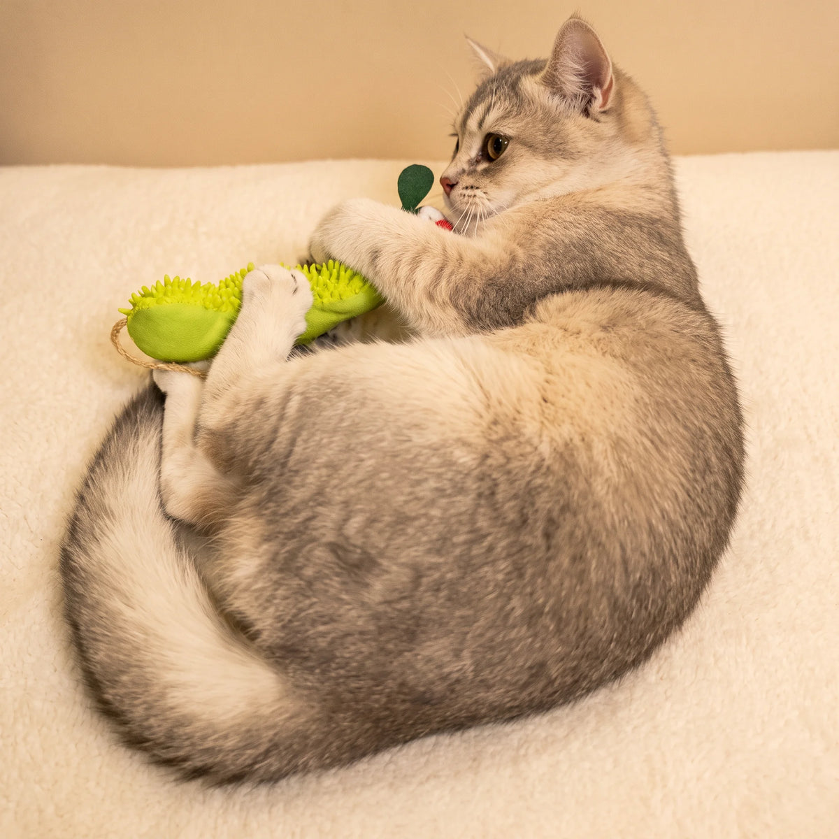 Close-up of the caterpillar kicker's crinkle paper tail and catnip filling