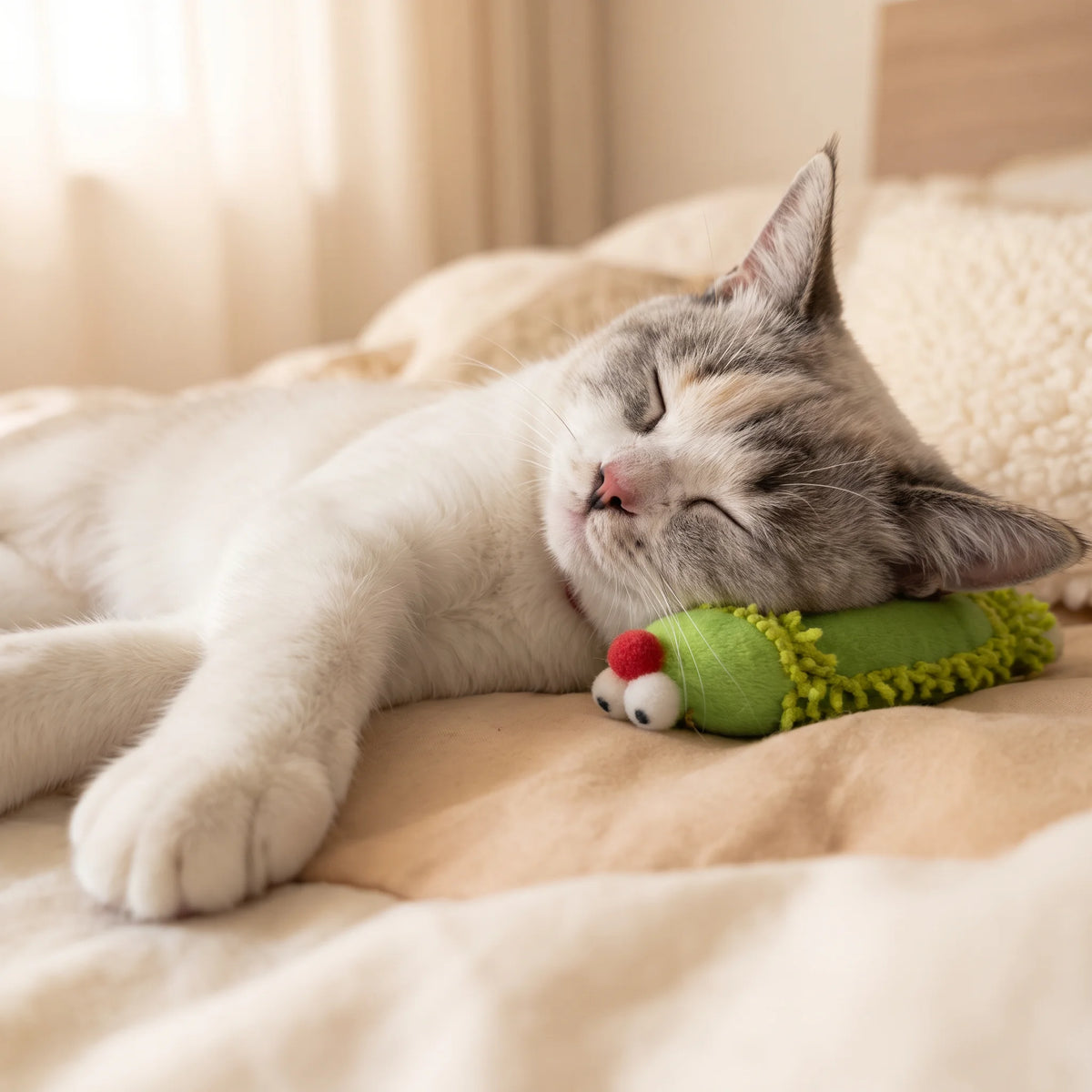 Cat grabbing the Catnip Caterpillar Kicker with both front paws
