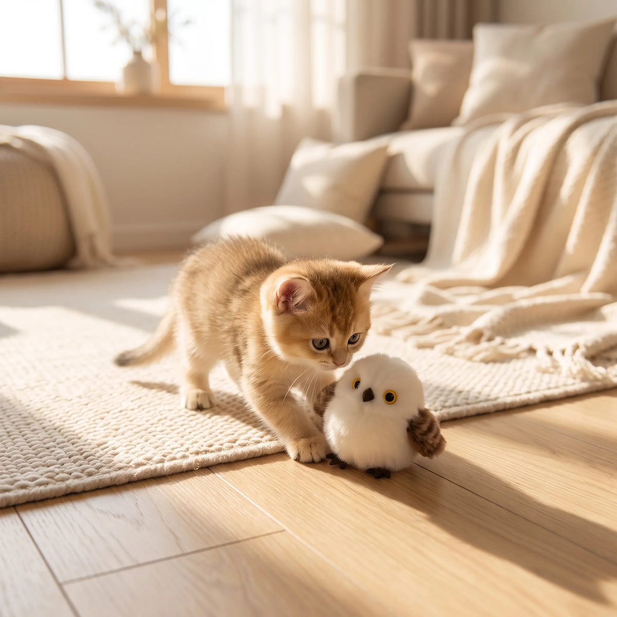 Kitten playing with a Flappy Bird cat toy on a wooden floor