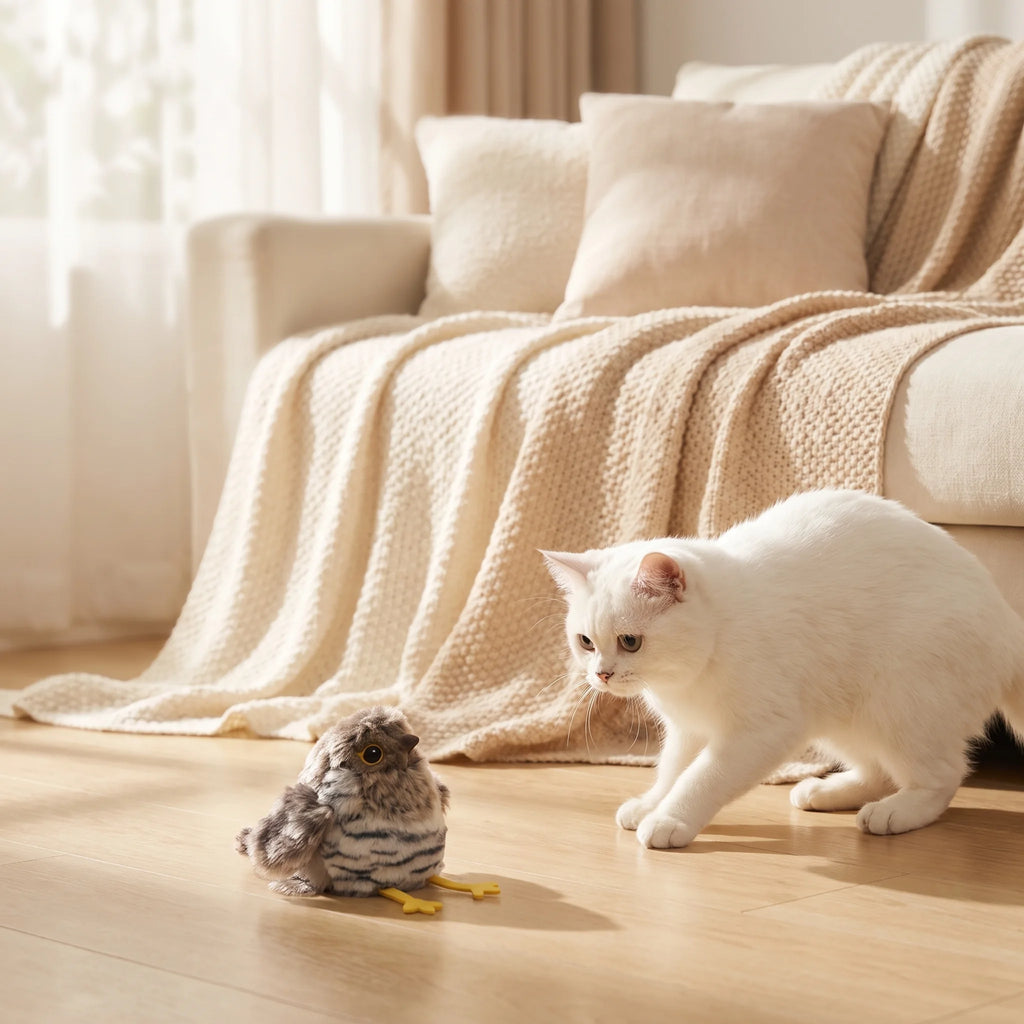 Cat watching a flapping bird cat toy in a sunny living room