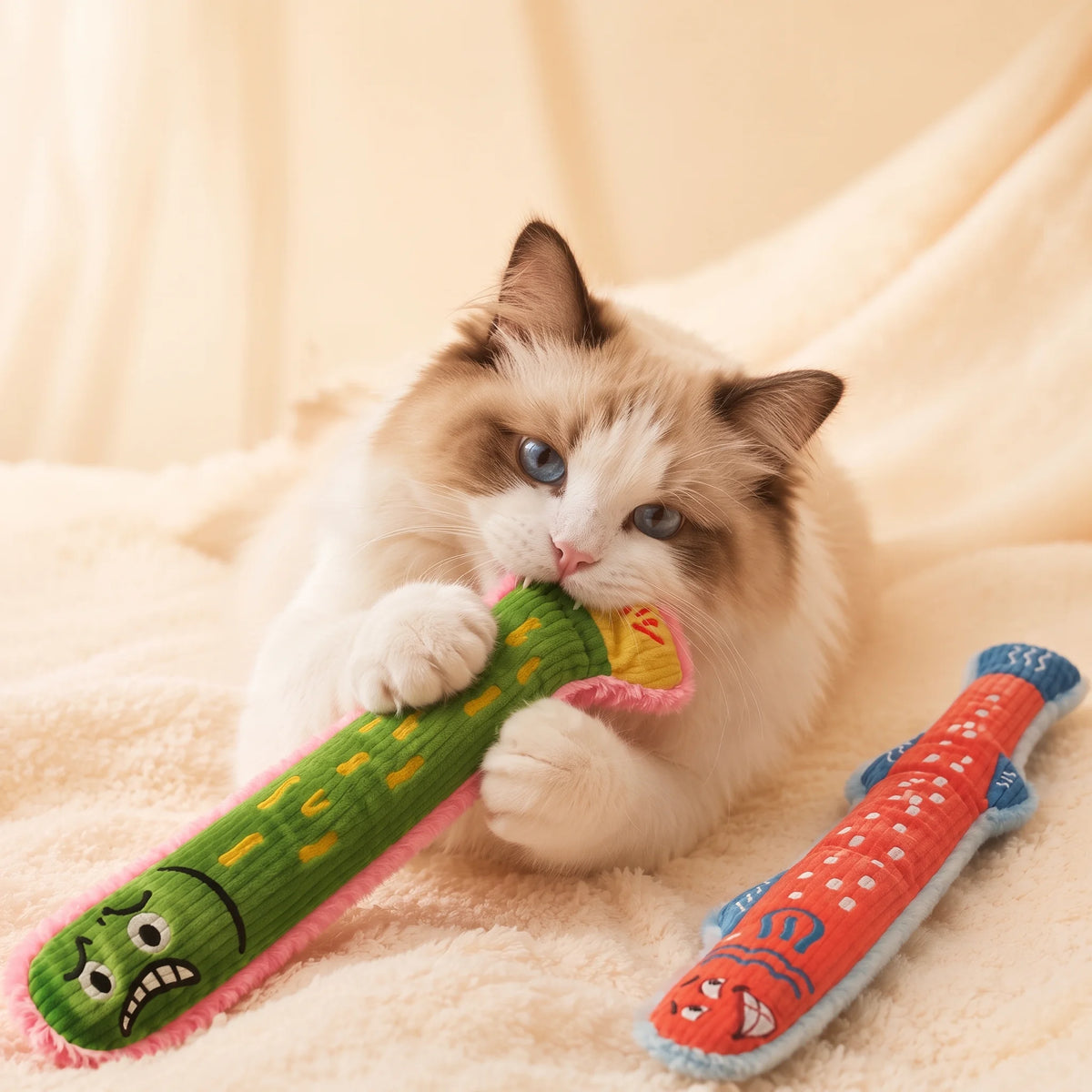 Cat bunny-kicking the Goofy Fish Catnip Kicker with both hind legs