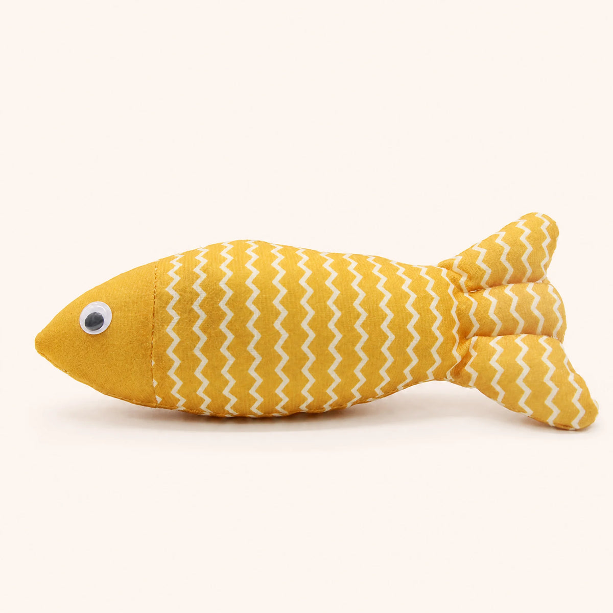 Catnip Fish Toy burlap fishbone kicker from a second angle