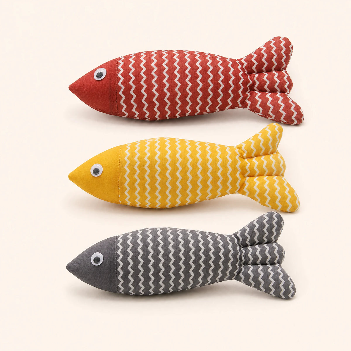 Catnip Fish Toy fishbone kicker made from natural burlap, in red