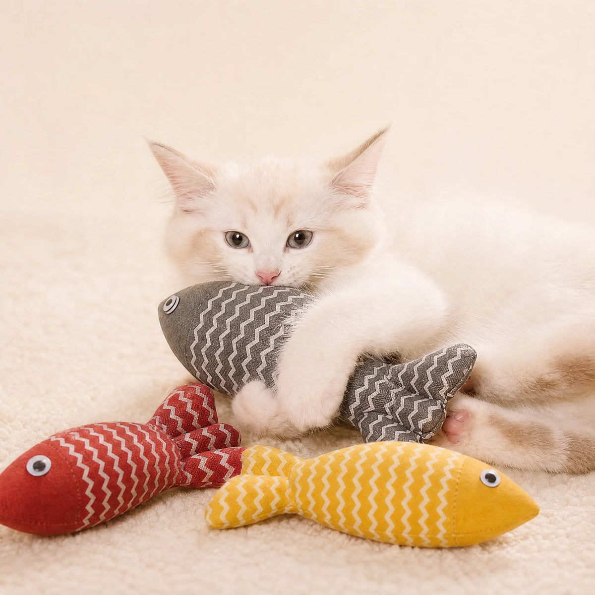 Close-up of the burlap texture on the catnip fishbone cat toy